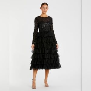 Mac Duggal Long Sleeve Ruffle Tiered Midi Dress